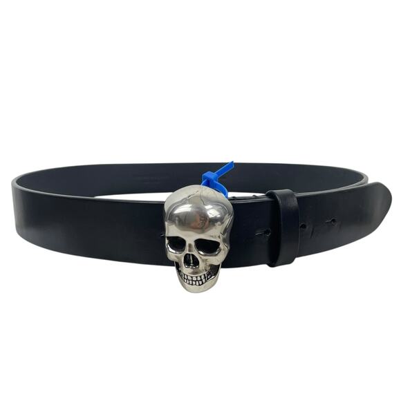 Alexander Mcqueen 3D Skull Black Leather Belt Silver Bucklet Size 90/36 - Picture 3 of 12
